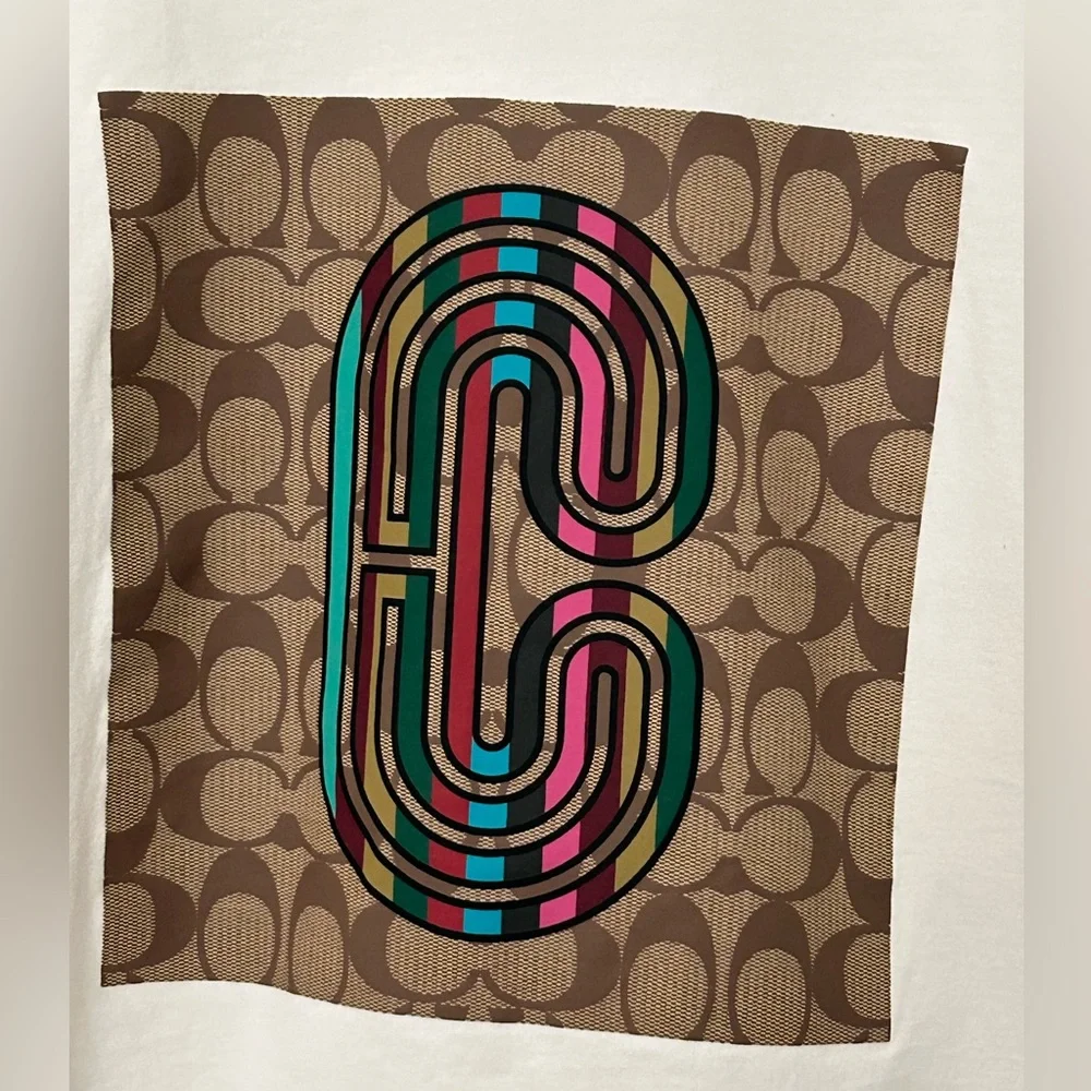 Coach White Tee with Brown Signature Square and Multicolor Logo